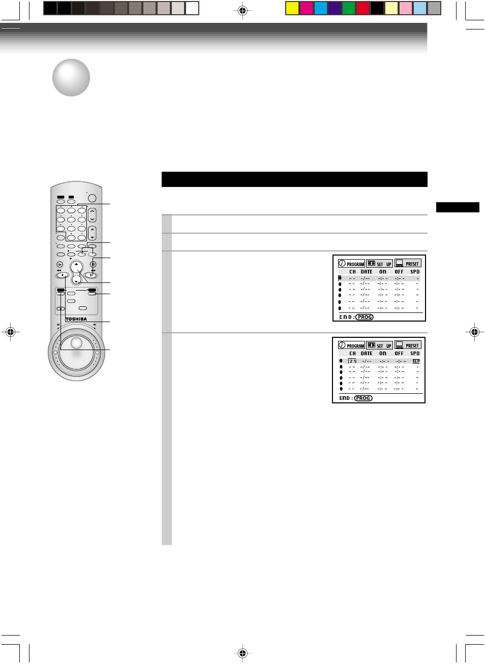 Timer program, Timer program recording, Timer programming procedure | Load a cassette with the safety tab attached, Press prog . to display the menu screen, Select “program” using ff or rew , and press enter | Toshiba W-627 User Manual | Page 25 / 34