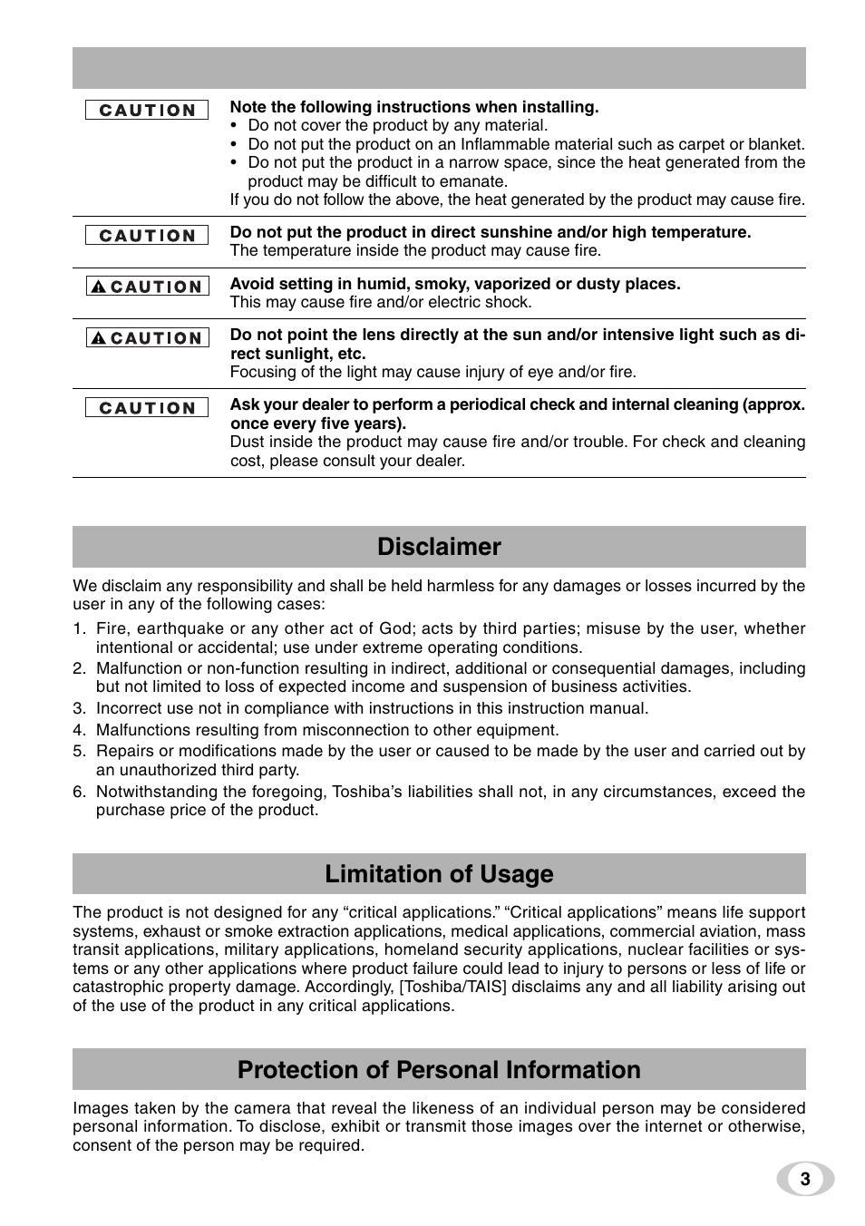 Disclaimer, Limitation of usage, Protection of personal information | Toshiba IK-TF9C User Manual | Page 3 / 32