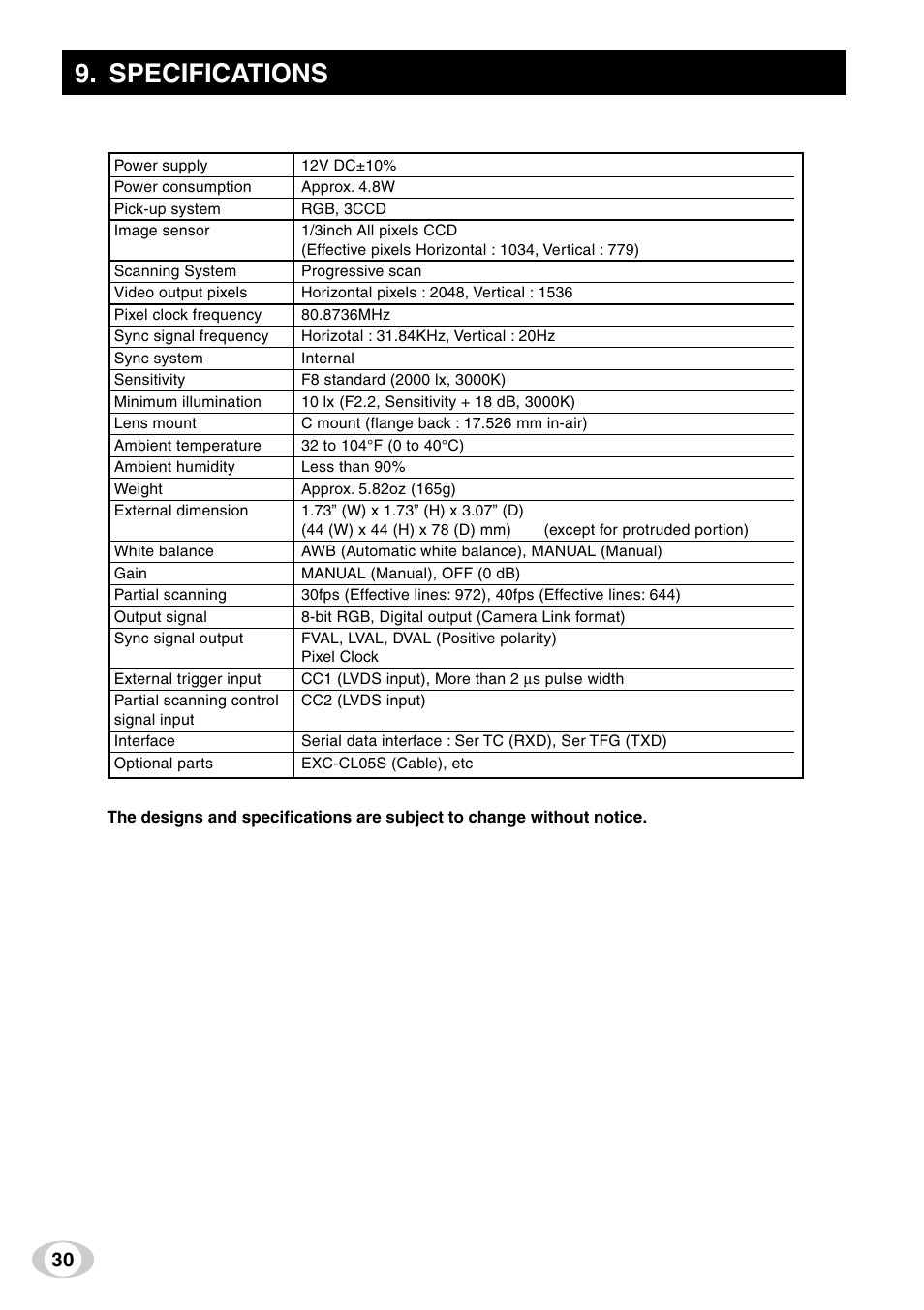 Specifications | Toshiba IK-TF9C User Manual | Page 30 / 32