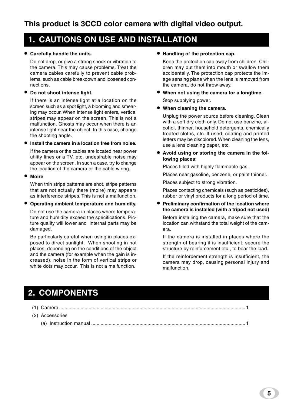 Cautions on use and installation, Components | Toshiba IK-TF9C User Manual | Page 5 / 32