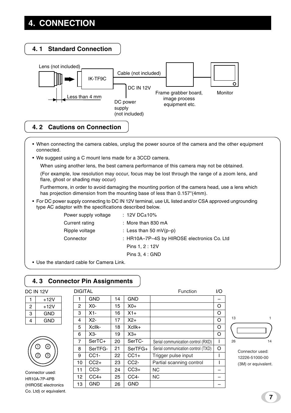 Connection, 1 standard connection, 2 cautions on connection | 3 connector pin assignments | Toshiba IK-TF9C User Manual | Page 7 / 32