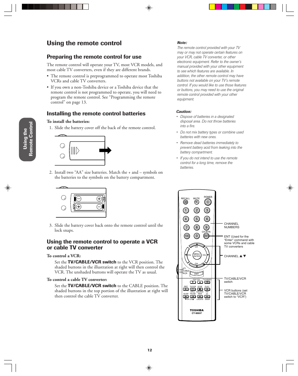 Using the remote control, Preparing the remote control for use, Installing the remote control batteries | Using the remote contr ol | Toshiba 32AF13 User Manual | Page 12 / 40