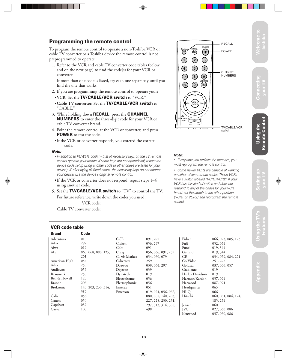 Programming the remote control | Toshiba 32AF13 User Manual | Page 13 / 40