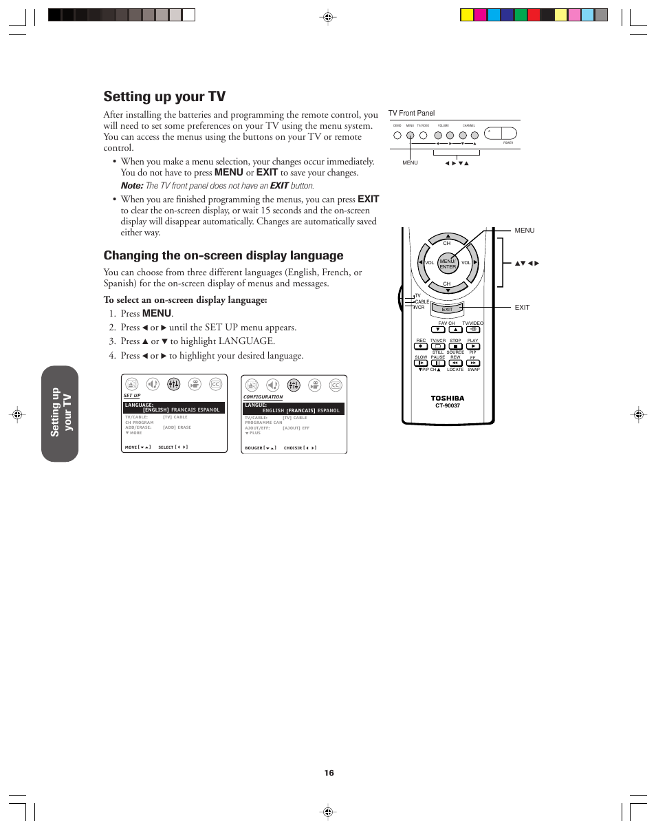 Setting up your tv, Changing the on-screen display language, Setting up y our t v | Until the set up menu appears. 3. press | Toshiba 32AF13 User Manual | Page 16 / 40