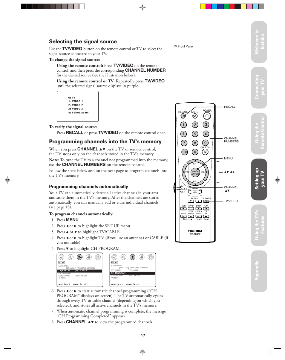 Selecting the signal source, Programming channels automatically | Toshiba 32AF13 User Manual | Page 17 / 40