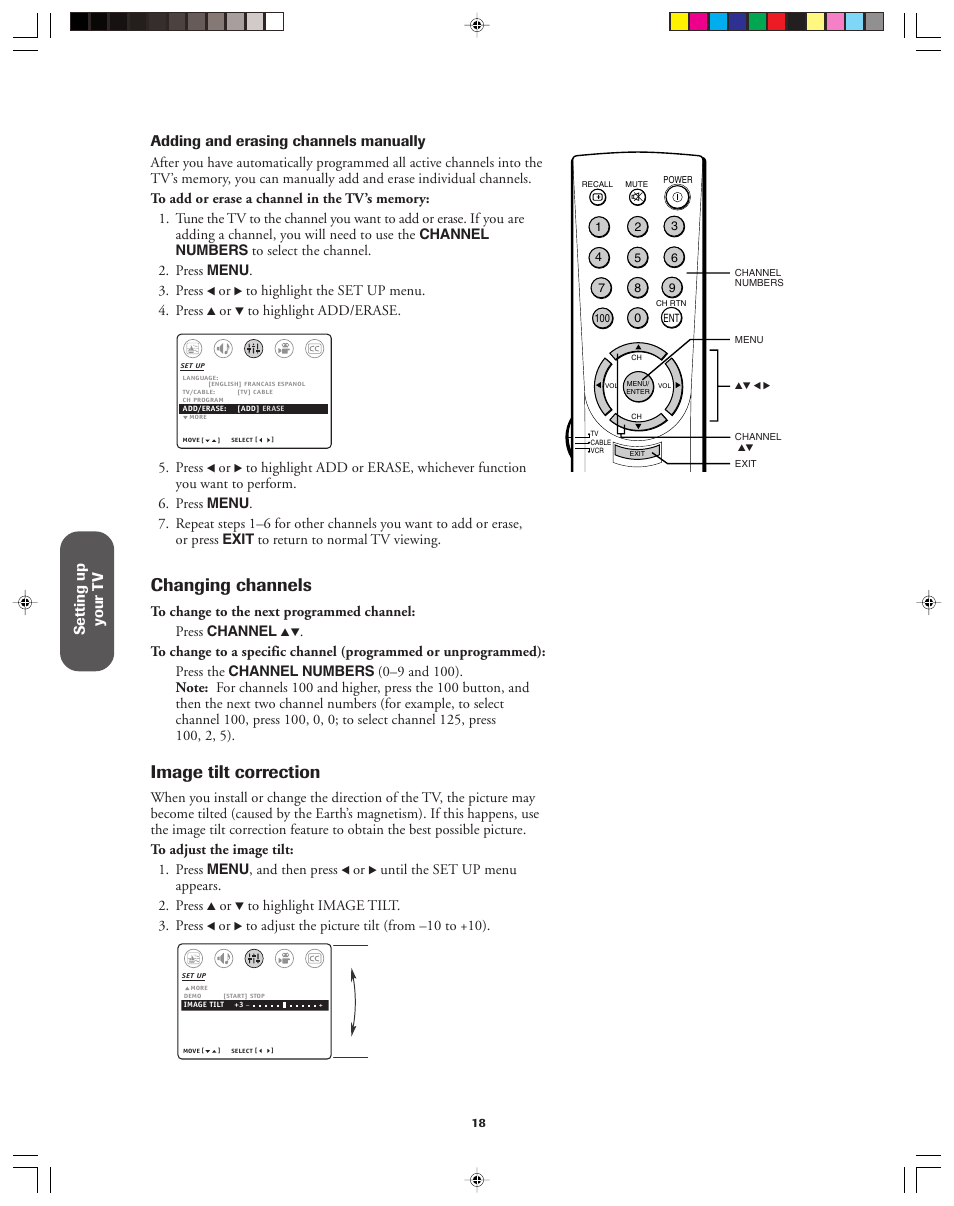 Changing channels, Image tilt correction | Toshiba 32AF13 User Manual | Page 18 / 40
