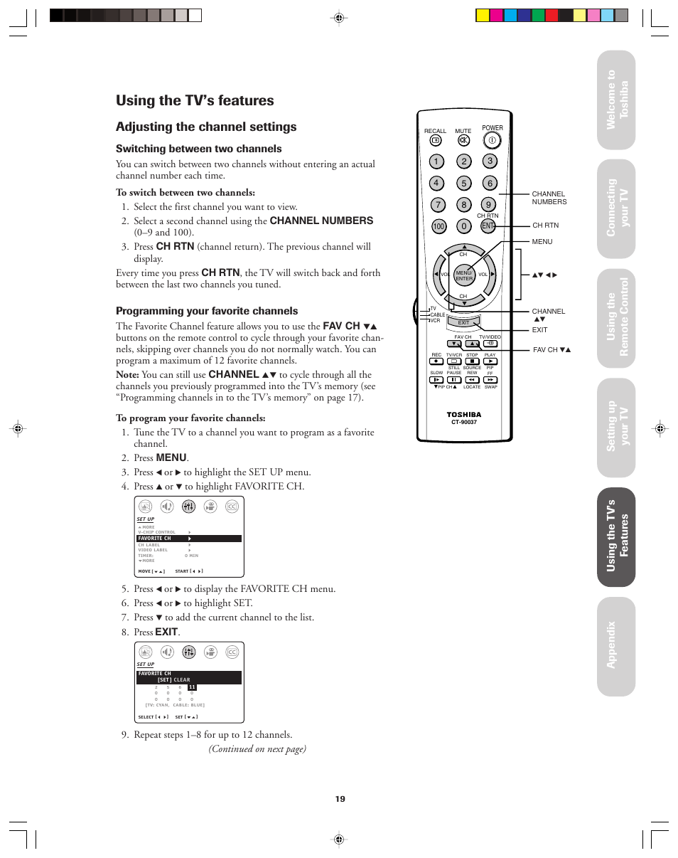 Using the tv’s features, Adjusting the channel settings, Switching between two channels | Programming your favorite channels | Toshiba 32AF13 User Manual | Page 19 / 40