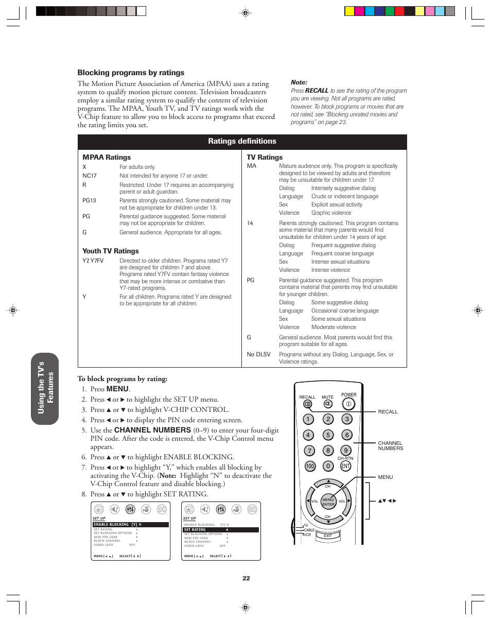 Using the t v’s f eatur es, Blocking programs by ratings, Ratings definitions | Toshiba 32AF13 User Manual | Page 22 / 40