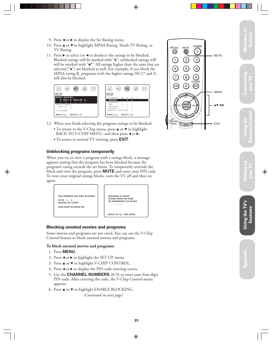 Unblocking programs temporarily, Blocking unrated movies and programs | Toshiba 32AF13 User Manual | Page 23 / 40