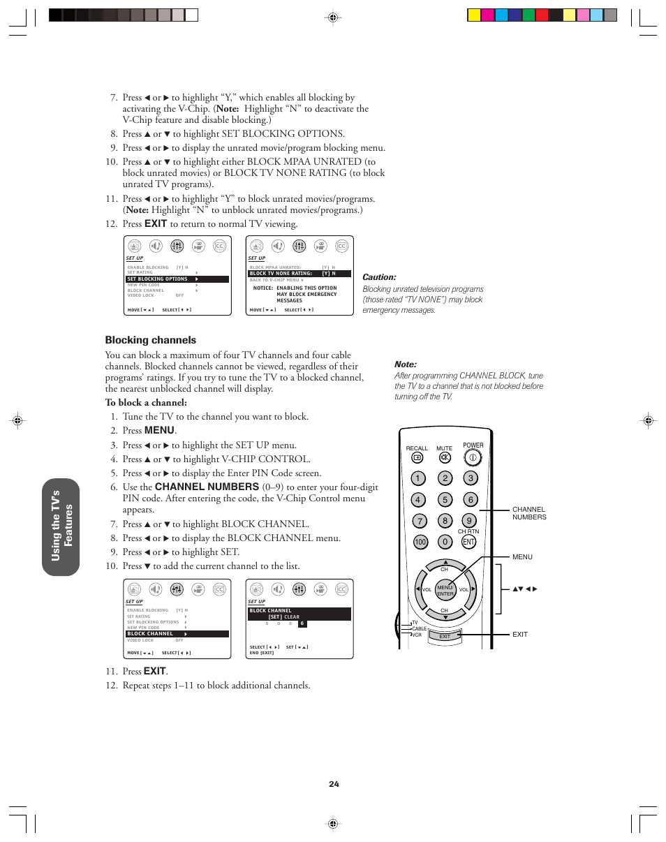 Using the t v’s f eatur es, Blocking channels | Toshiba 32AF13 User Manual | Page 24 / 40