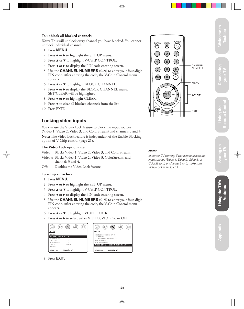 Locking video inputs | Toshiba 32AF13 User Manual | Page 25 / 40