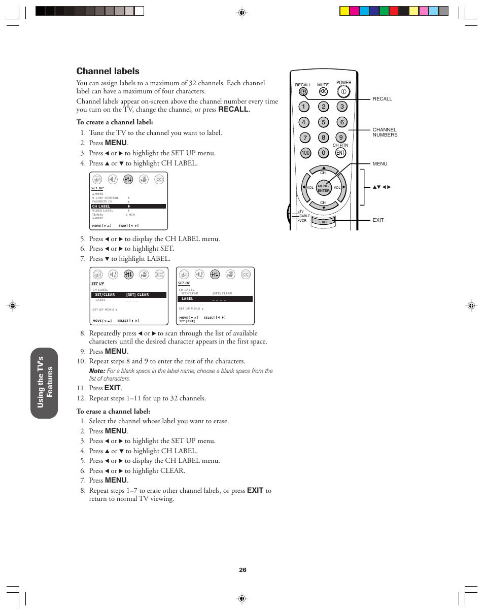 Channel labels, Using the t v’s f eatur es | Toshiba 32AF13 User Manual | Page 26 / 40