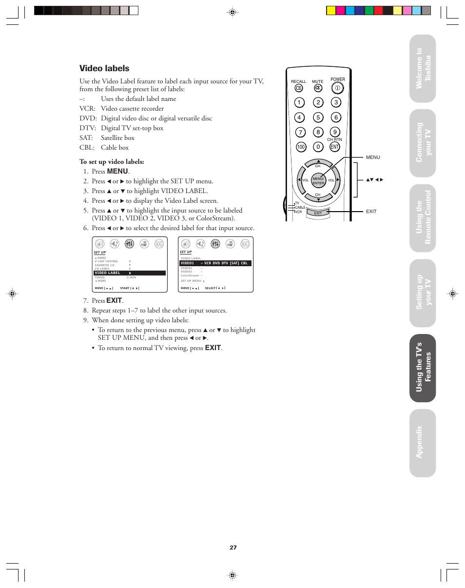 Video labels | Toshiba 32AF13 User Manual | Page 27 / 40