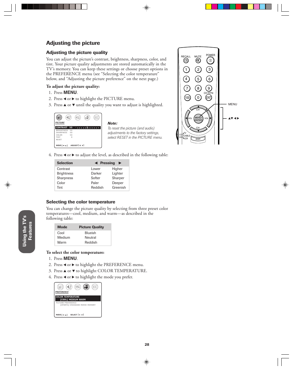 Adjusting the picture, Using the t v’s f eatur es, Adjusting the picture quality | Selecting the color temperature | Toshiba 32AF13 User Manual | Page 28 / 40