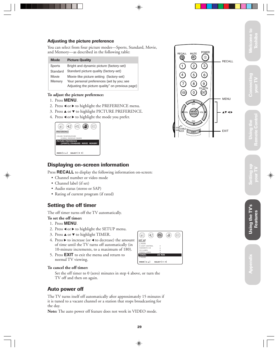 Displaying on-screen information, Setting the off timer, Auto power off | Toshiba 32AF13 User Manual | Page 29 / 40