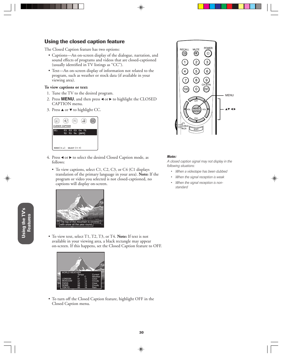 Using the closed caption feature, Using the t v’s f eatur es | Toshiba 32AF13 User Manual | Page 30 / 40