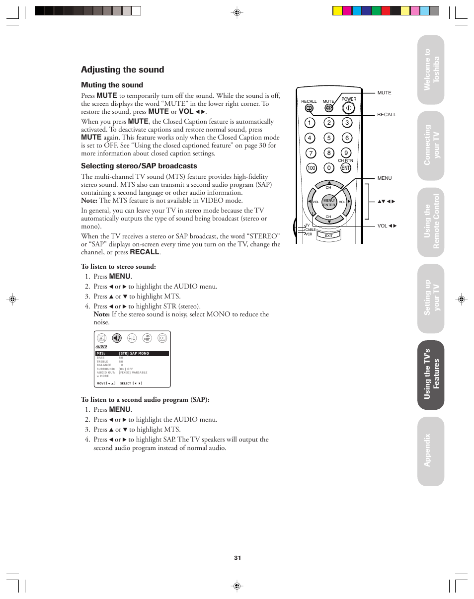 Adjusting the sound | Toshiba 32AF13 User Manual | Page 31 / 40