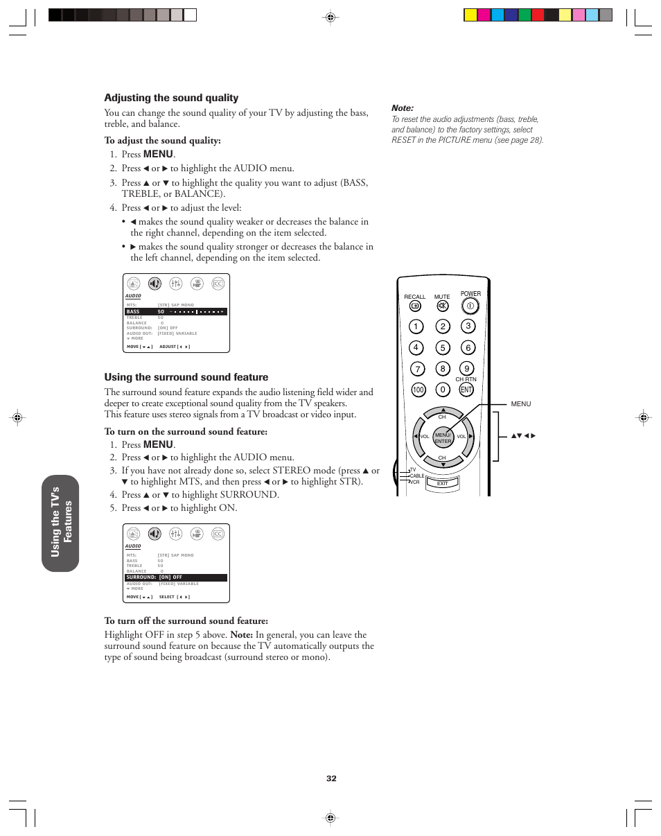 Using the surround sound feature | Toshiba 32AF13 User Manual | Page 32 / 40