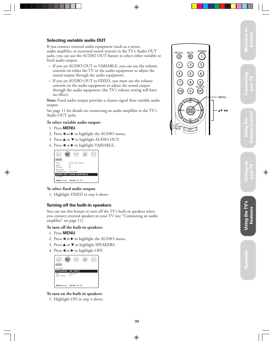 Turning off the built-in speakers | Toshiba 32AF13 User Manual | Page 33 / 40