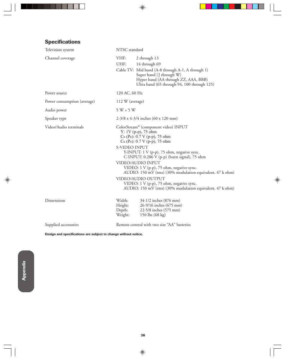 Specifications | Toshiba 32AF13 User Manual | Page 36 / 40