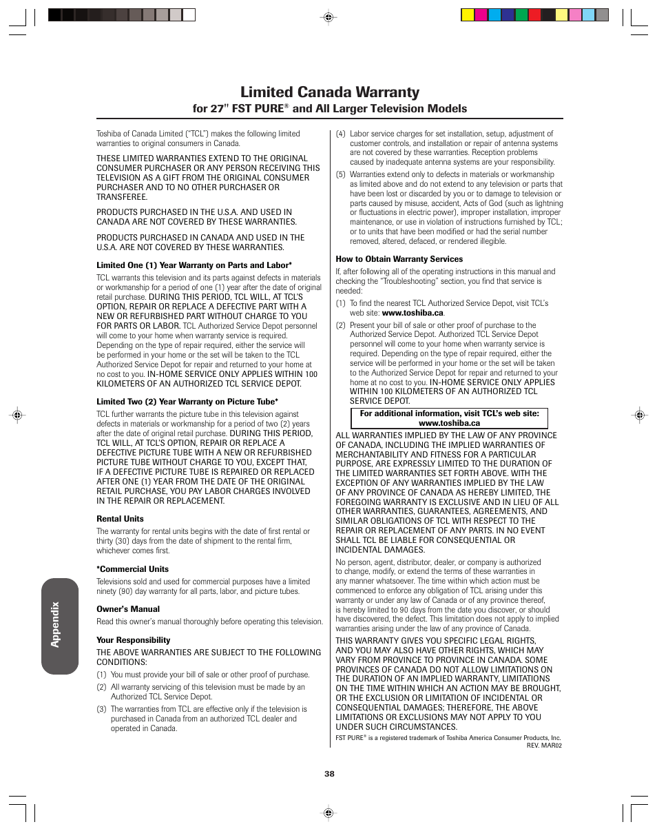 Limited canada warranty, For 27'' fst pure, And all larger television models | Toshiba 32AF13 User Manual | Page 38 / 40