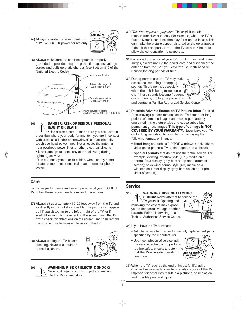 Care, Service | Toshiba 32AF13 User Manual | Page 4 / 40