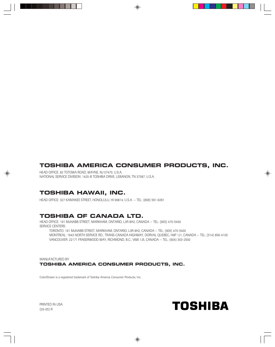 Toshiba of canada ltd, Toshiba hawaii, inc, Toshiba america consumer products, inc | Toshiba 32AF13 User Manual | Page 40 / 40