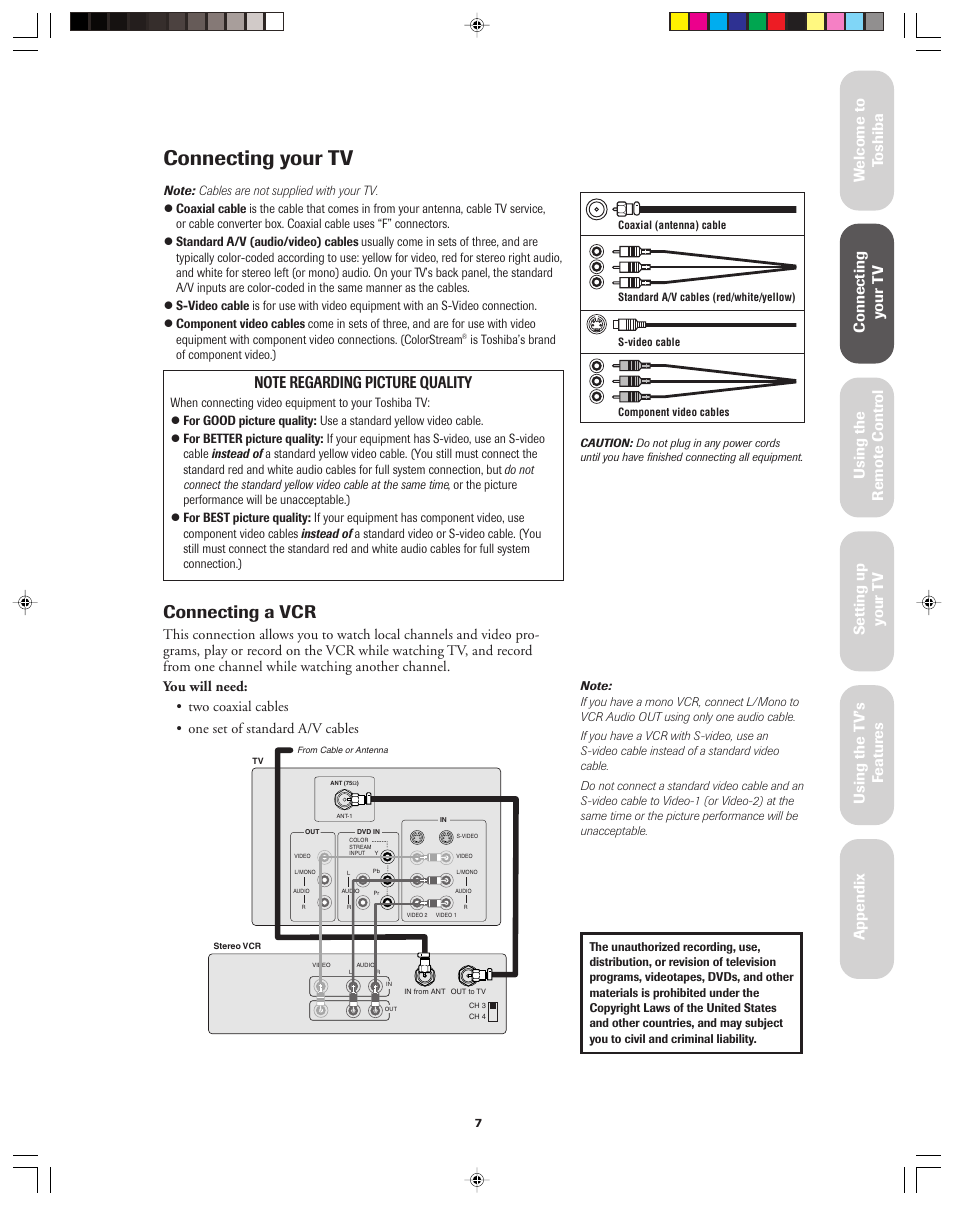 Connecting your tv, Connecting a vcr | Toshiba 32AF13 User Manual | Page 7 / 40