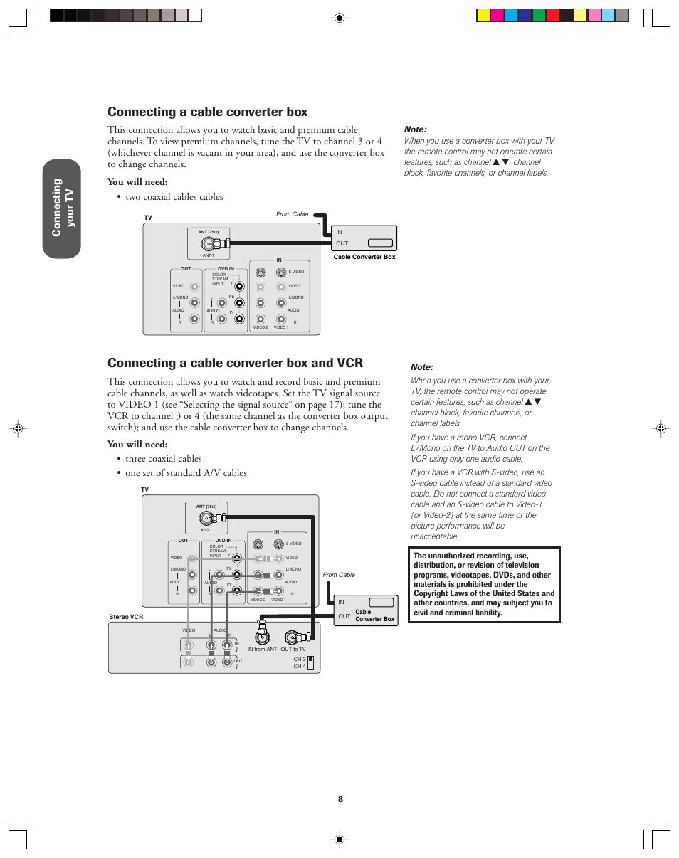 Connecting a cable converter box, Connecting a cable converter box and vcr, Connecting y our t v | Toshiba 32AF13 User Manual | Page 8 / 40