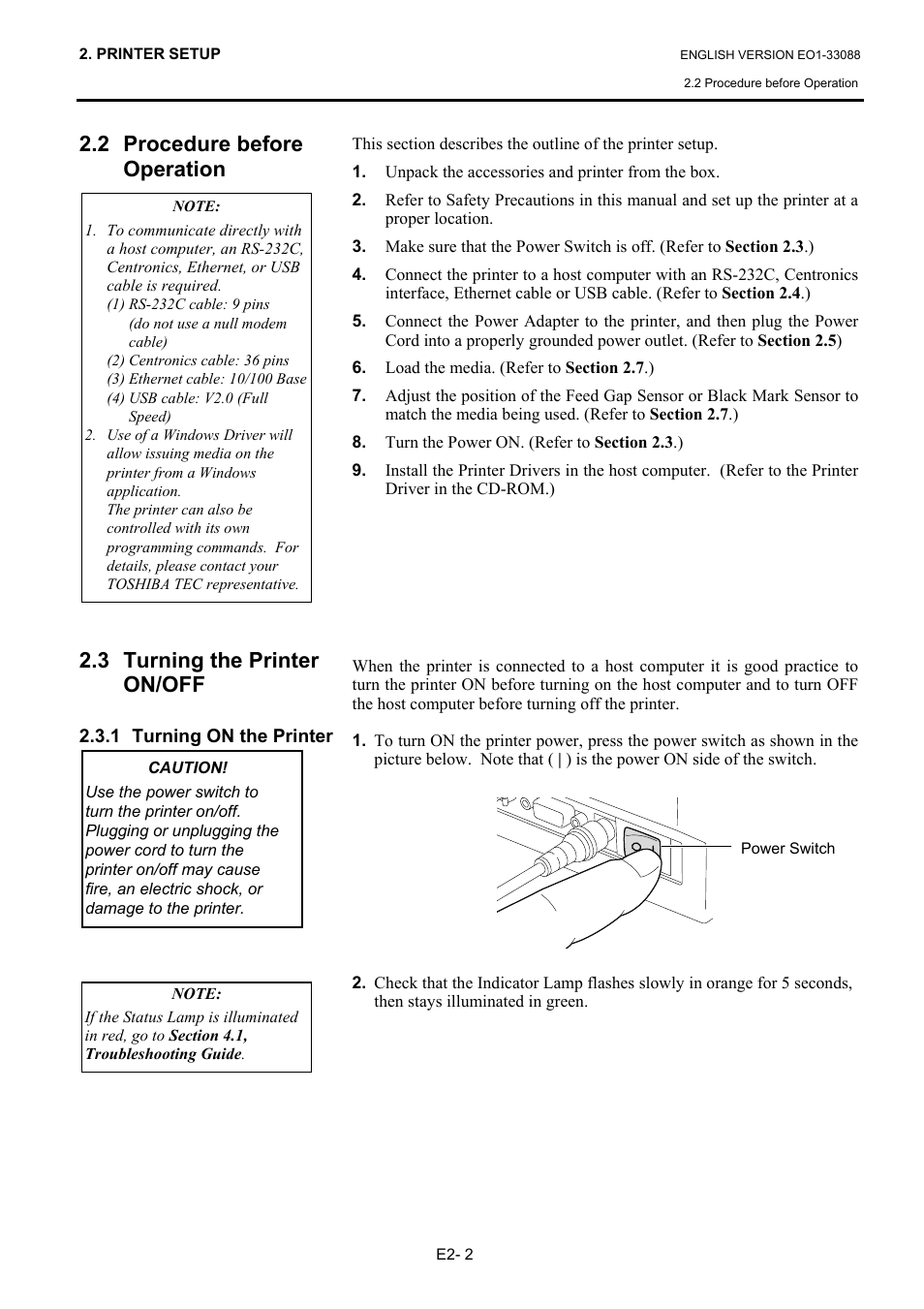 2 procedure before operation, 3 turning the printer on/off, 1 turning on the printer | Toshiba B-EV4D SERIES User Manual | Page 13 / 46