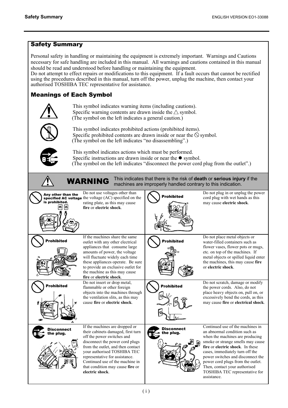 Safety summary, Warning, Meanings of each symbol | Toshiba B-EV4D SERIES User Manual | Page 3 / 46