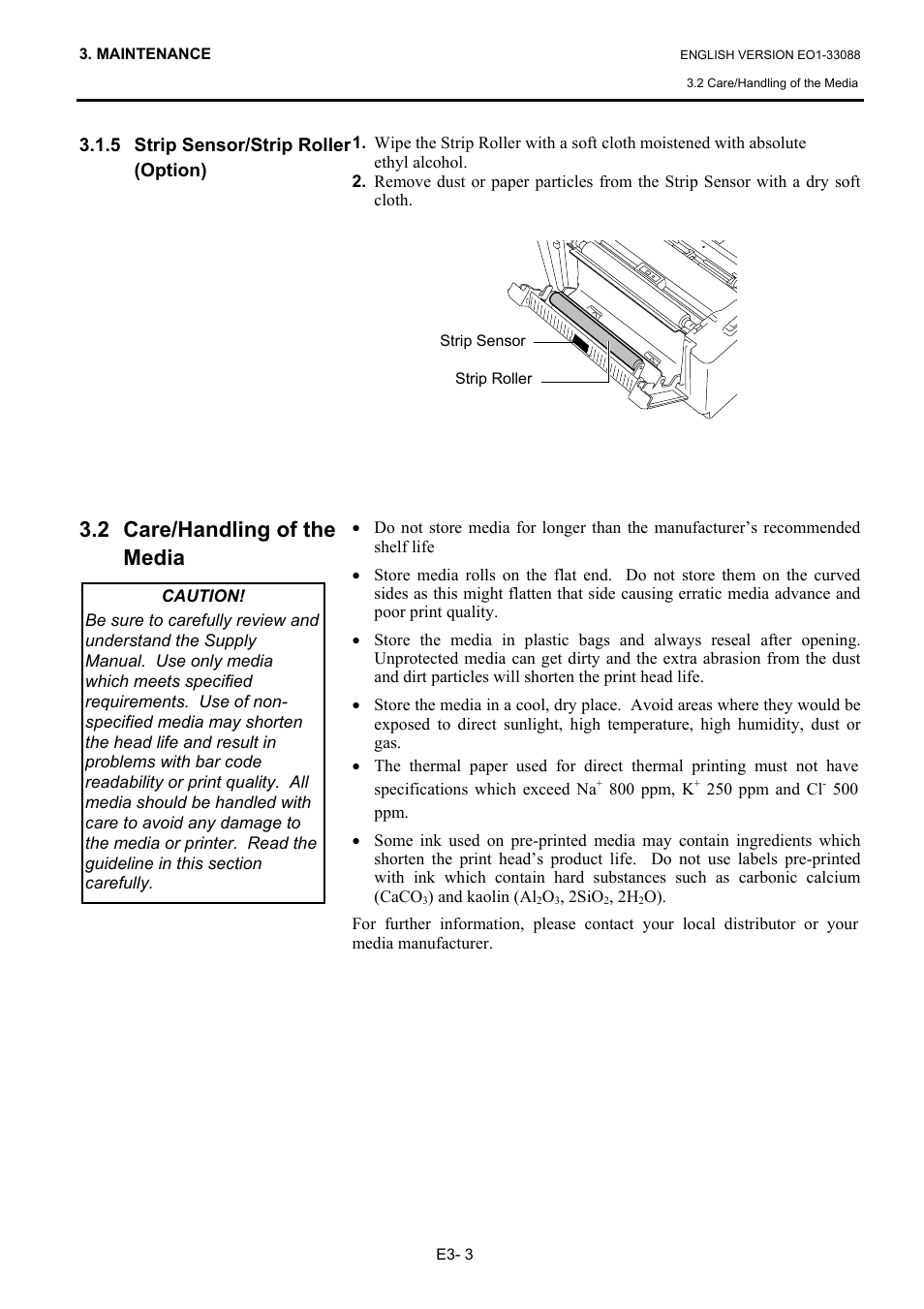 5 strip sensor/strip roller (option), 2 care/handling of the media | Toshiba B-EV4D SERIES User Manual | Page 31 / 46