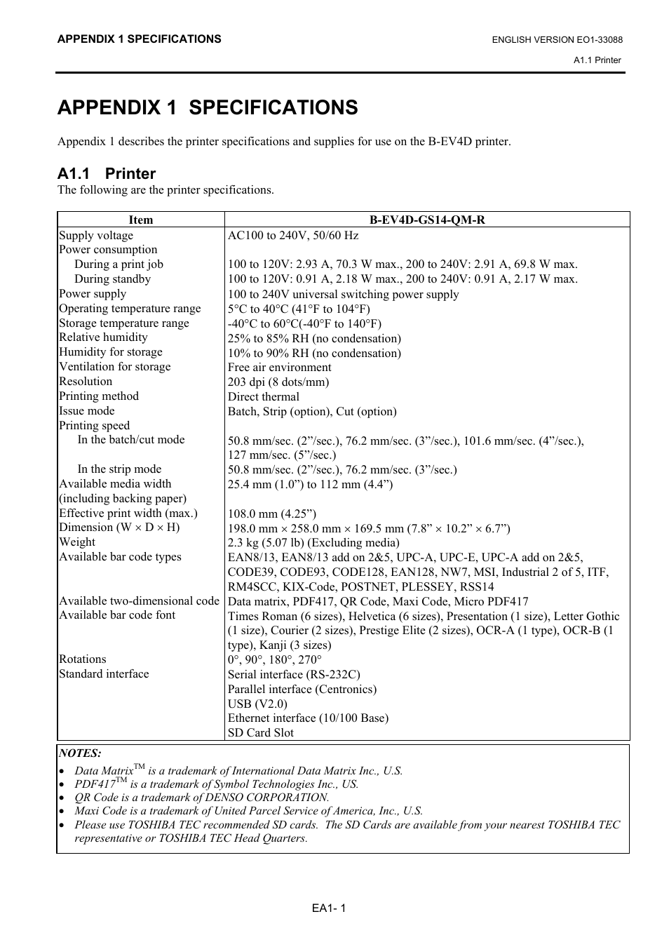 Appendix 1 specifications, A1.1 printer | Toshiba B-EV4D SERIES User Manual | Page 35 / 46