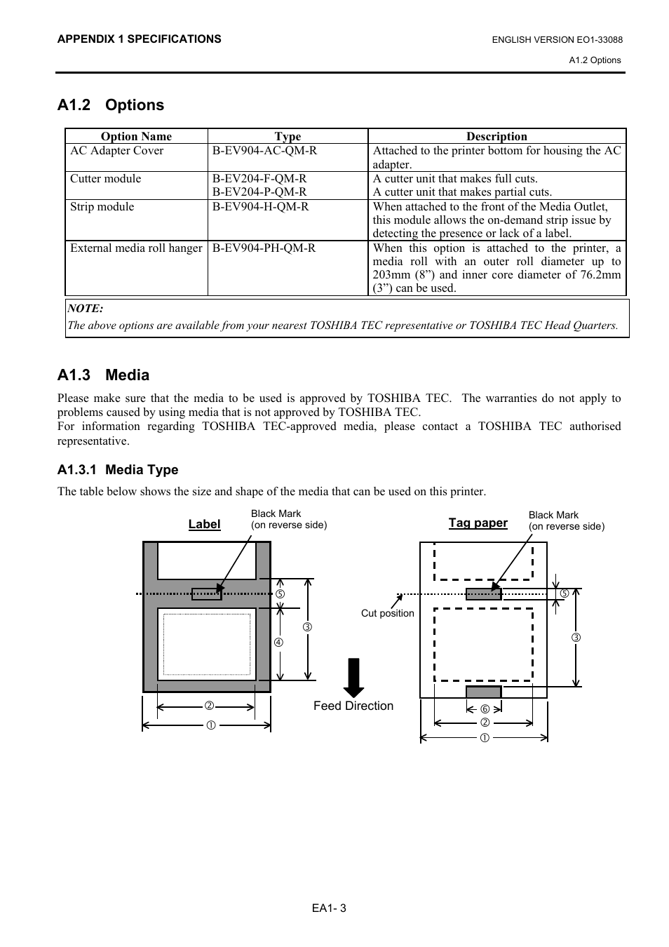 A1.2 options, A1.3 media, A1.3.1 media type | Toshiba B-EV4D SERIES User Manual | Page 37 / 46