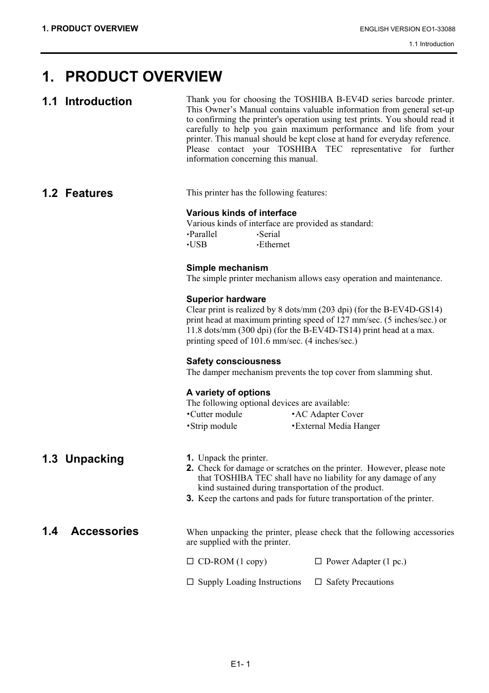 Product overview, 1 introduction, 2 features | 3 unpacking, 4 accessories | Toshiba B-EV4D SERIES User Manual | Page 7 / 46