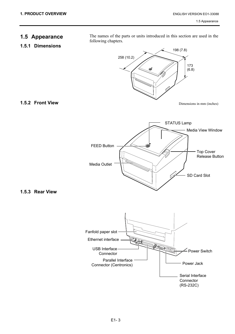 5 appearance, 1 dimensions, 2 front view | 3 rear view | Toshiba B-EV4D SERIES User Manual | Page 9 / 46