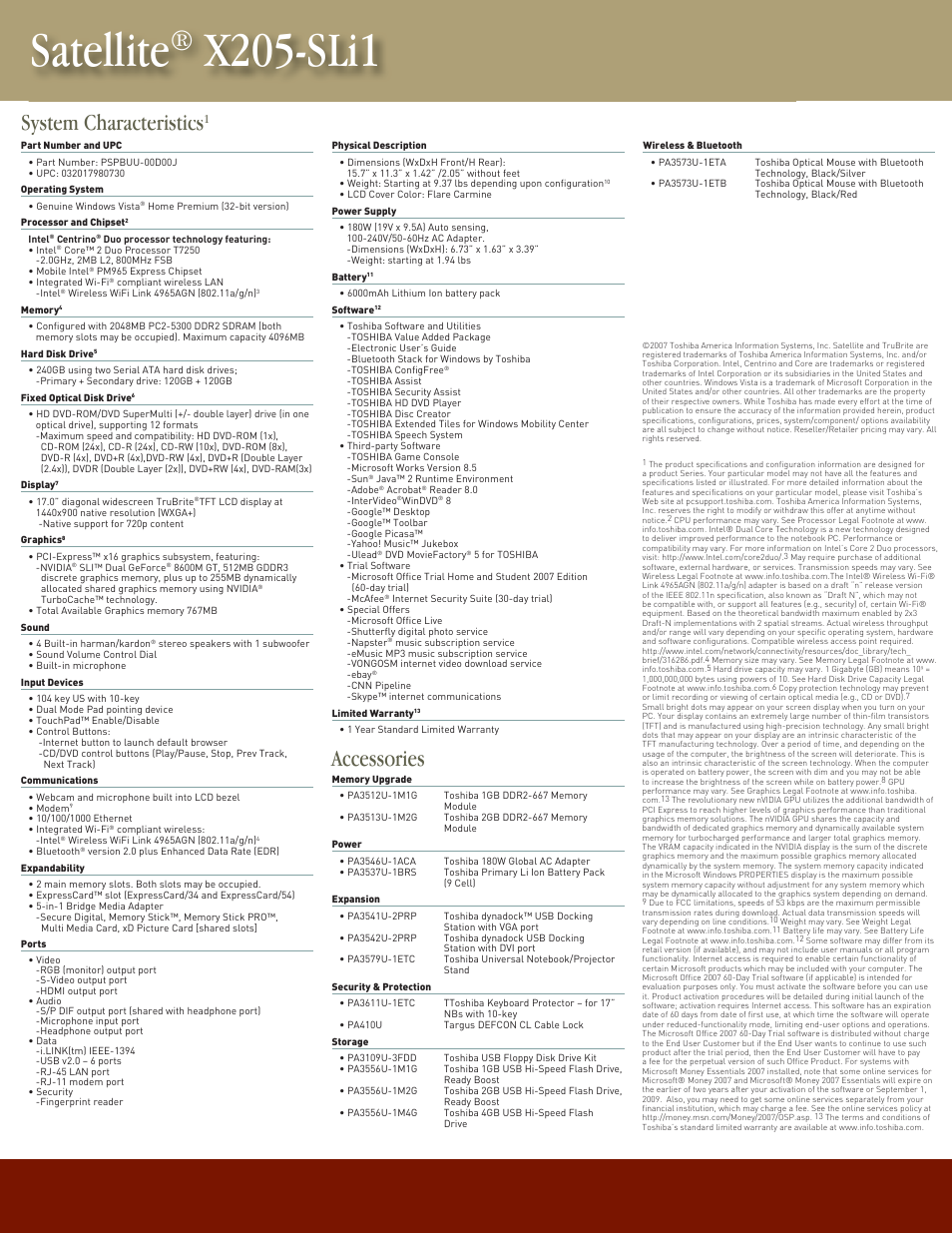 Satellite, X205-sli1, System characteristics | S t ch t i ti, Accessories | Toshiba X205-SLi1 User Manual | Page 2 / 2