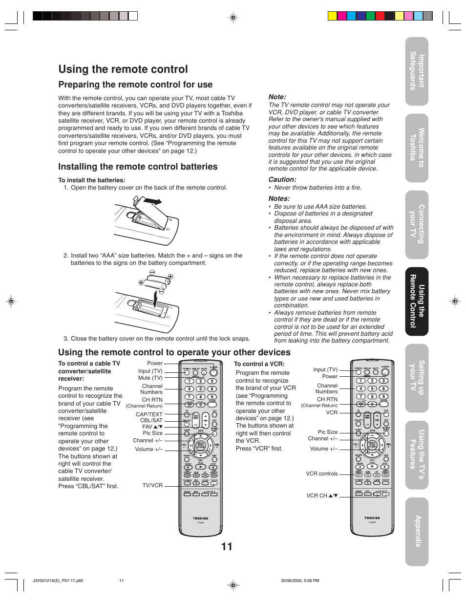 Using the remote control, Preparing the remote control for use, Installing the remote control batteries | Toshiba 26AF45C User Manual | Page 11 / 36