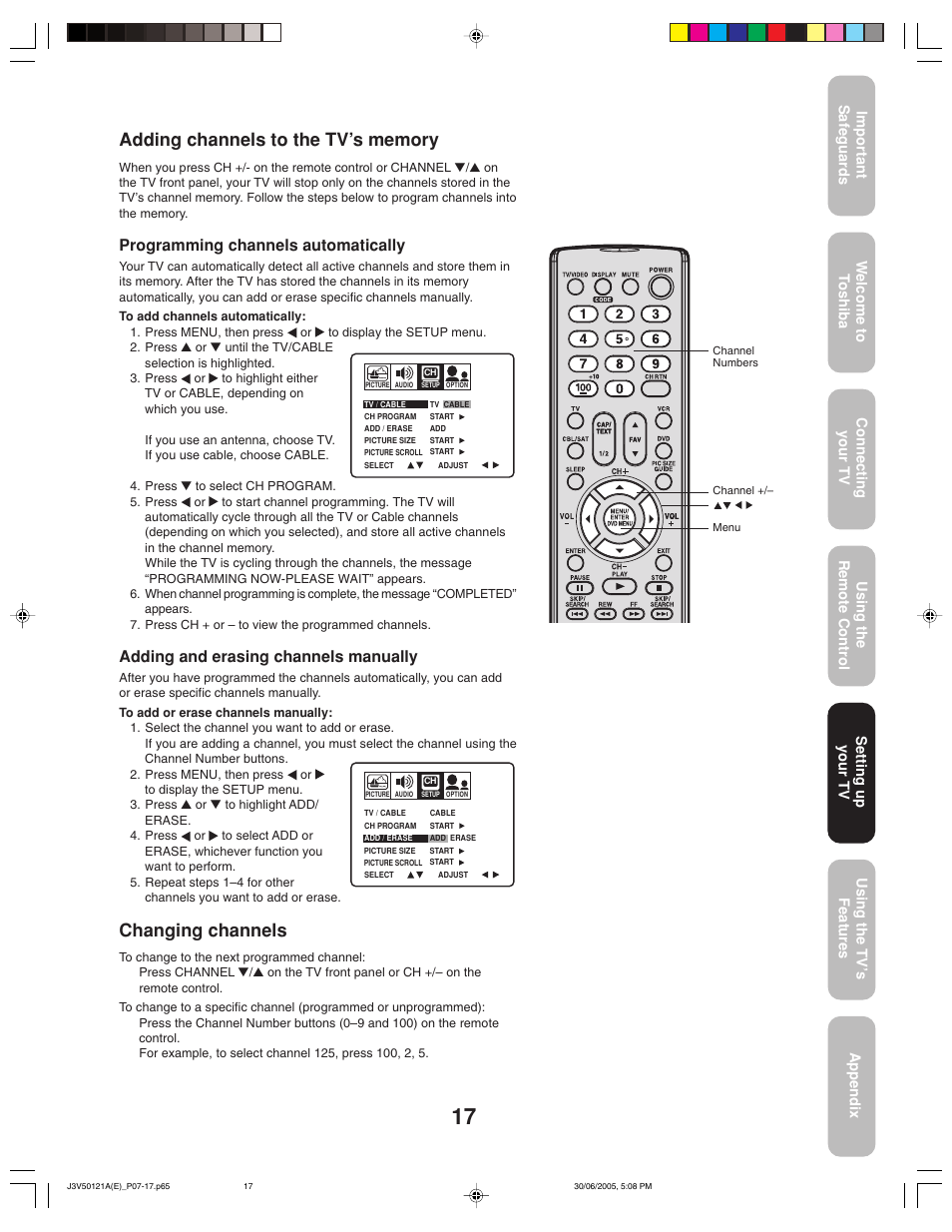 Changing channels, Programming channels automatically, Adding and erasing channels manually | Toshiba 26AF45C User Manual | Page 17 / 36