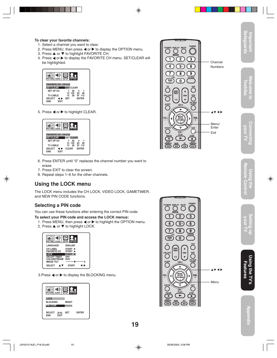 Using the lock menu, Selecting a pin code, Using the tv ’s features | Toshiba 26AF45C User Manual | Page 19 / 36