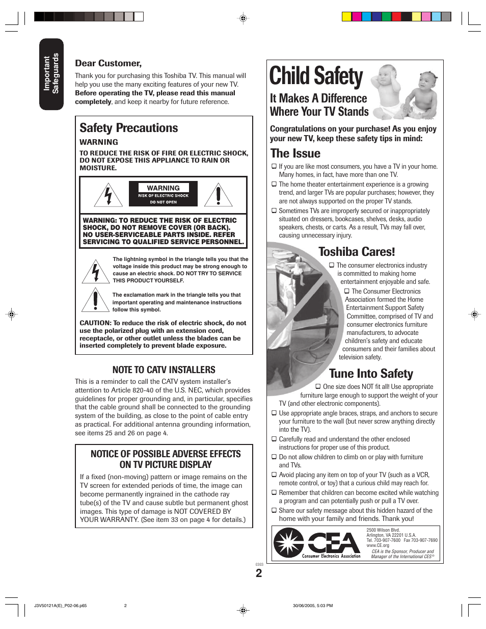 Child safety, It makes a difference where your tv stands, The issue | Toshiba cares, Tune into safety, Safety precautions | Toshiba 26AF45C User Manual | Page 2 / 36