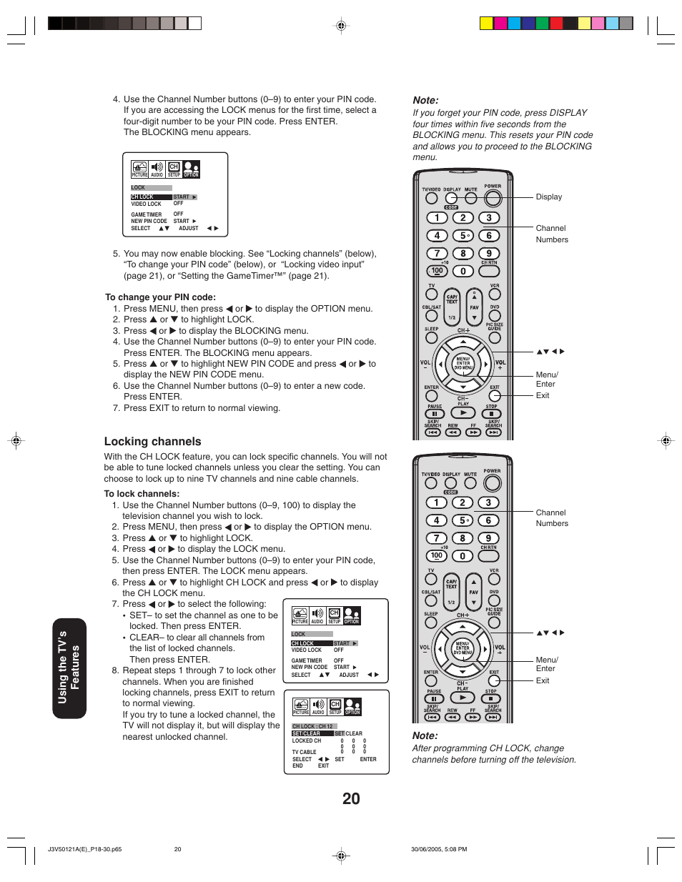 Locking channels, Using the tv ’s features | Toshiba 26AF45C User Manual | Page 20 / 36