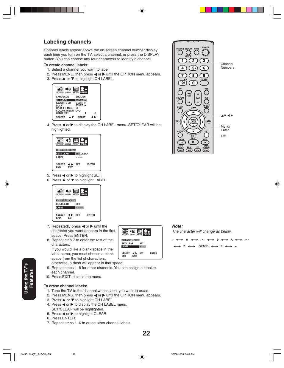 Labeling channels, Using the tv ’s features | Toshiba 26AF45C User Manual | Page 22 / 36