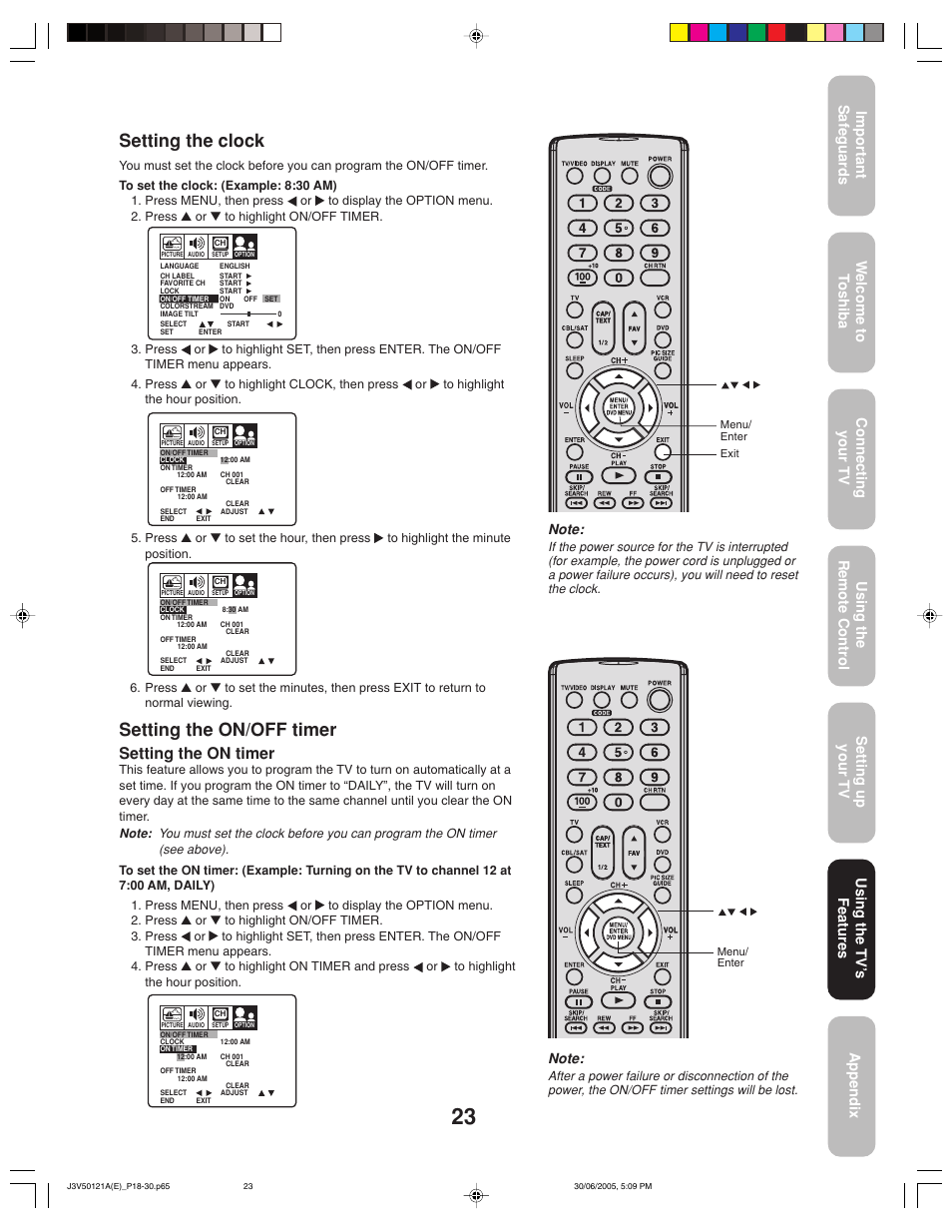 Setting the clock, Setting the on/off timer, Setting the on timer | Using the tv ’s features | Toshiba 26AF45C User Manual | Page 23 / 36