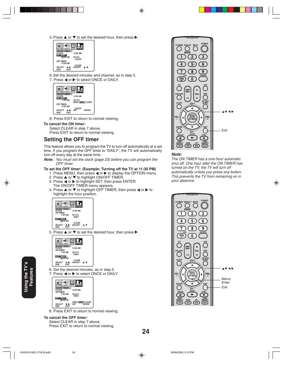 Setting the off timer, Using the tv ’s features | Toshiba 26AF45C User Manual | Page 24 / 36