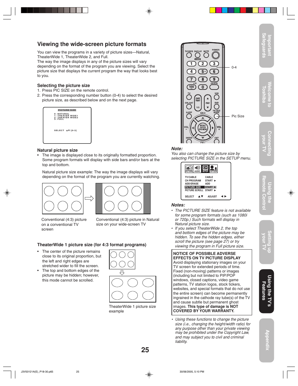 Viewing the wide-screen picture formats | Toshiba 26AF45C User Manual | Page 25 / 36