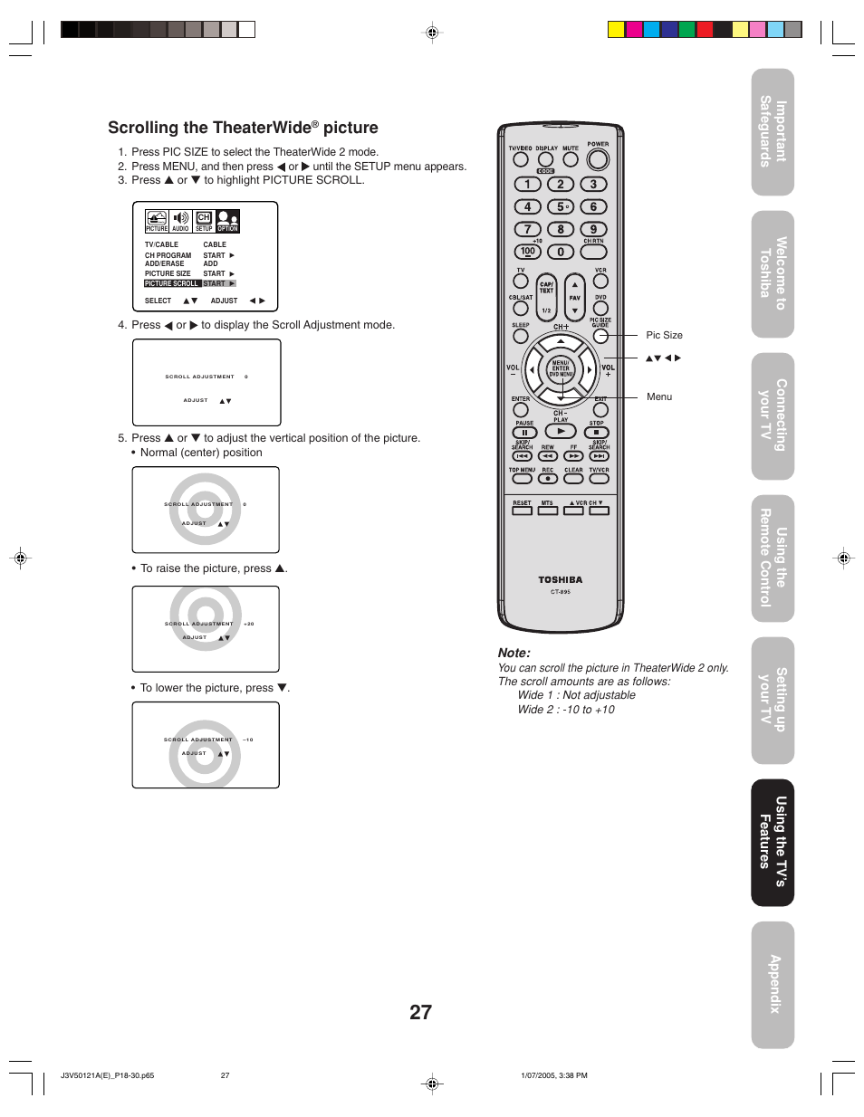 Scrolling the theaterwide, Picture | Toshiba 26AF45C User Manual | Page 27 / 36