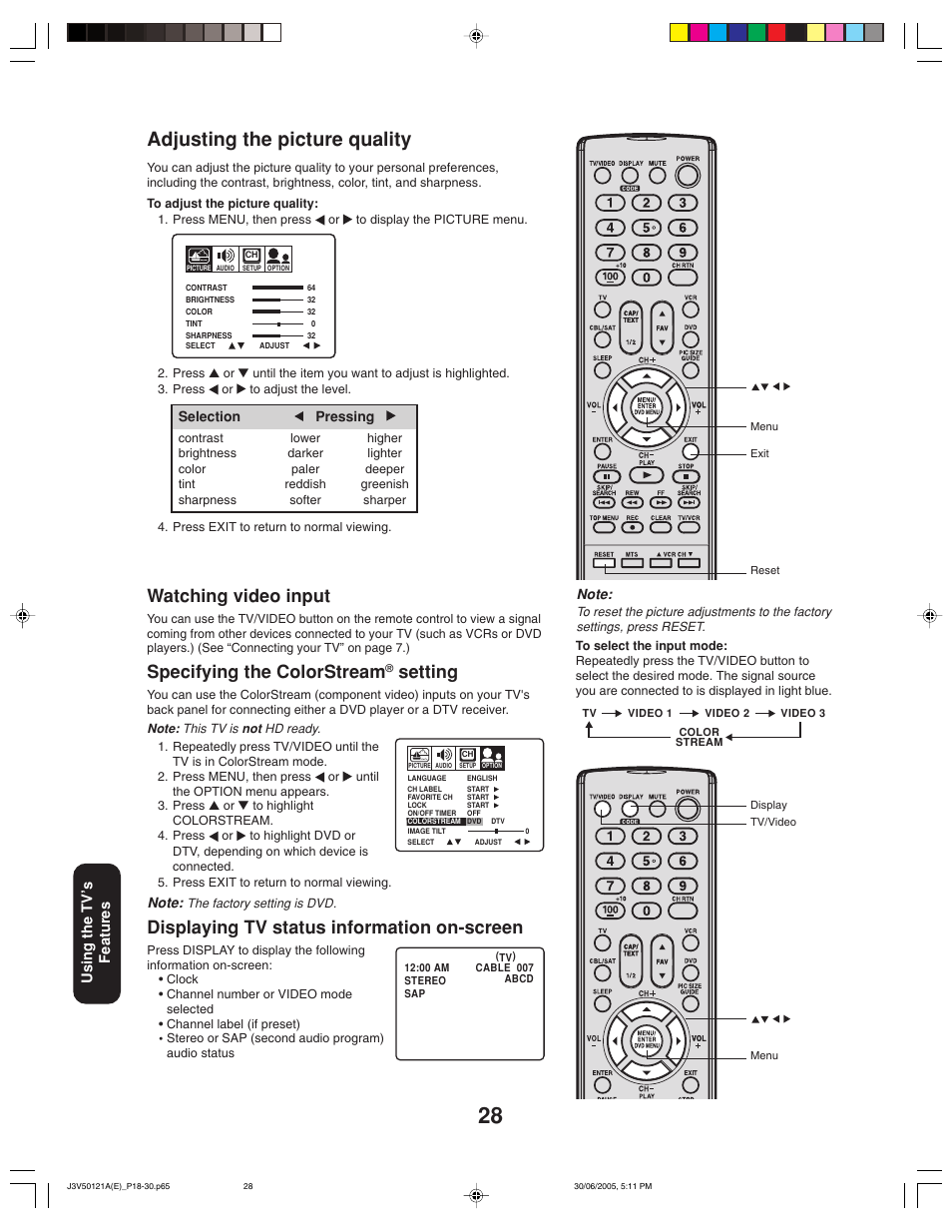 Adjusting the picture quality, Displaying tv status information on-screen, Watching video input | Specifying the colorstream, Setting | Toshiba 26AF45C User Manual | Page 28 / 36
