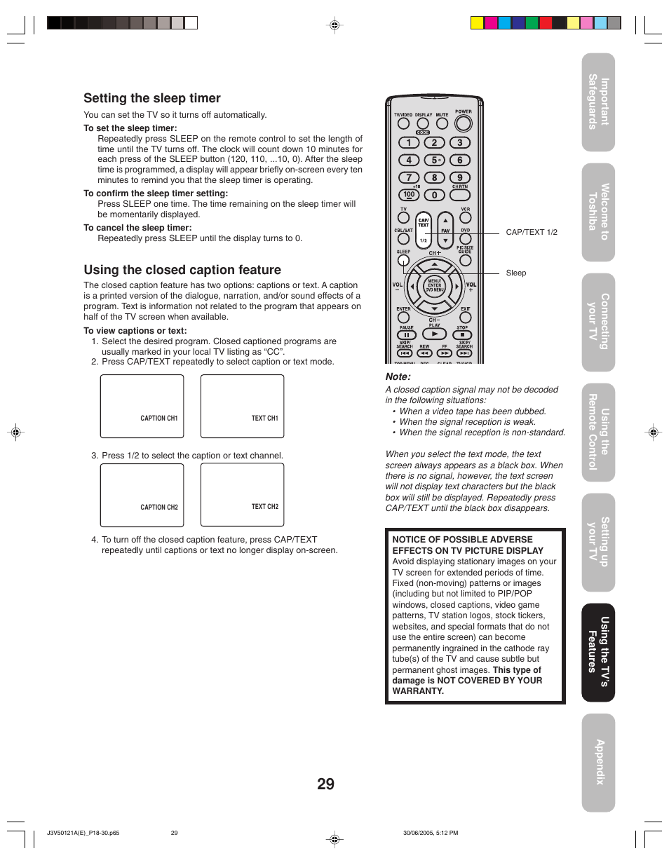 Setting the sleep timer, Using the closed caption feature | Toshiba 26AF45C User Manual | Page 29 / 36