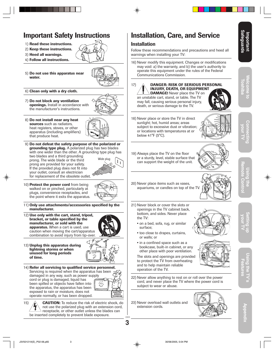 Important safety instructions, Installation, care, and service, Installation | Toshiba 26AF45C User Manual | Page 3 / 36